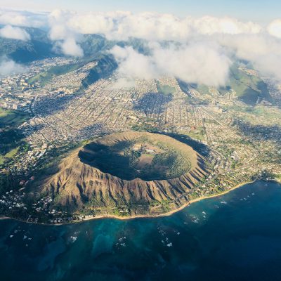 aerial image of diamond head crater Oahu. Circle Island tours are a great way to view this iconic landmark while visiting Hawaii.